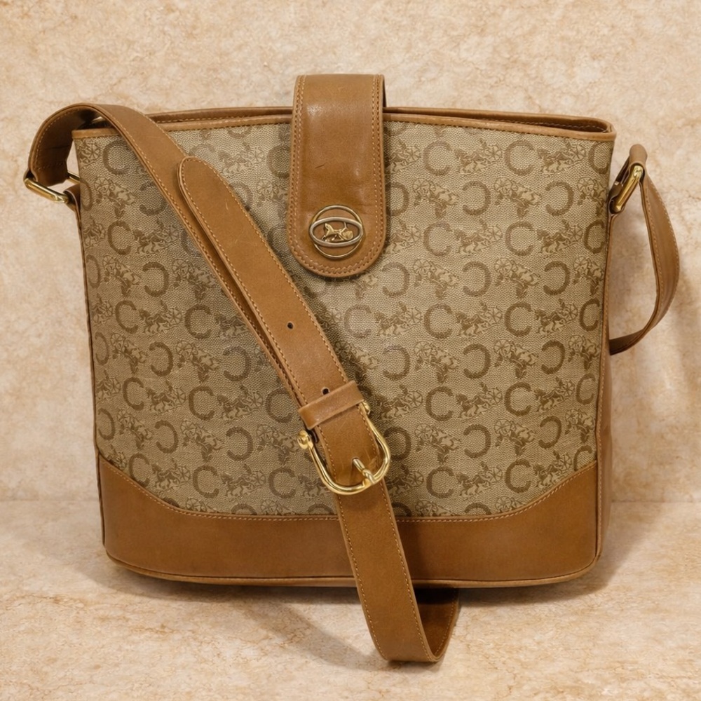 Celine Vintage Macadam Crossbody Bag Horse Carriage Canvas Leather Shoulder bag